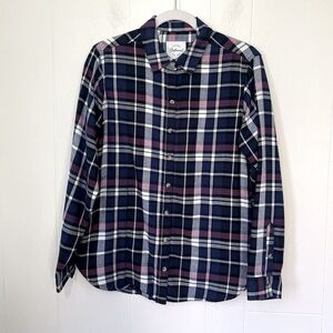 Jachs Girlfriend Blue Pink Plaid Button Up Shirt Shacket Pockets ~ Size S